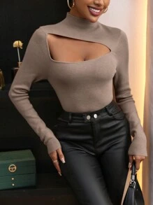 Zolique Suéter de cuello alto con abertura delantera de punto para otoño e invierno - Camel - Ver 3