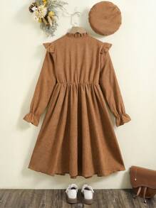 SHEIN Tween Girl Ruffle Trim Half Button Dress With Hat - Brown - View 2
