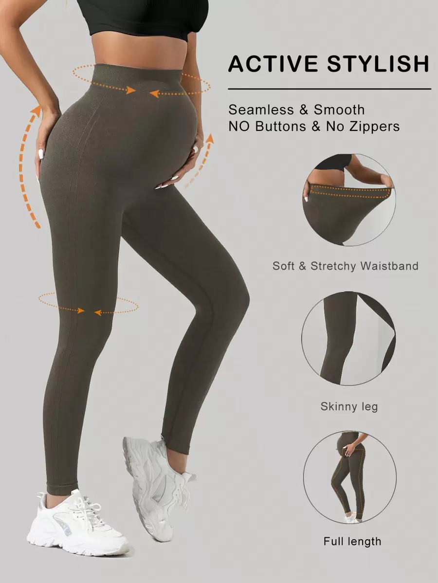 SHEIN Maternity High Waist Tummy Control Butt Lifting Thigh Slimmer & Breathable Softness Leggings - Brown - View 1