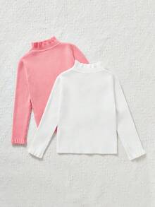 SHEIN 女小童2入組褶邊小高領套頭毛衣 - 彩色 - 查看 2