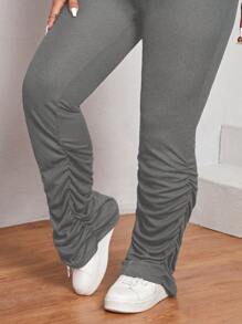 SHEIN SXY Plus High Waist Ruched Flare Leg Pants - Grey - View 5