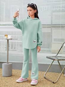 SHEIN Leap Crew Tween Girl Letter Patched Drop Shoulder Hoodie & Flare Leg Pants - Mint Green - View 1
