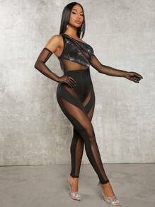 SHEIN SXY Mono unitard de un hombro de malla con mangas de brazo - Negro - Ver 3