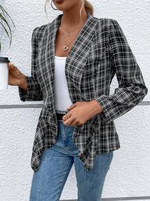 SHEIN LUNE Plaid Print Waterfall Collar Open Front Coat - Black - View 2