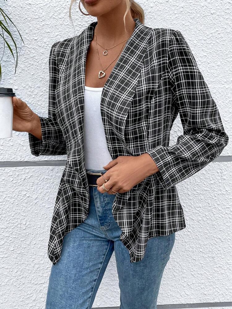 Plaid Print Waterfall Collar Open Front Coat