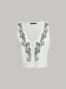 SHEIN MOD Women's Floral Print Sleeveless Jacket - White - View 1