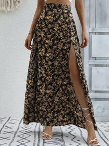 Breezaya Falda larga con abertura y estampado floral de cintura alta, conjunto de ropa de playa y vacaciones para mujeres - Amarillo - Ver 6