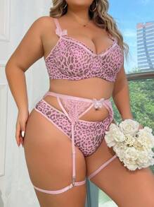 大碼豹紋蕾絲拼接鋼圈吊帶襪內衣套裝 - 彩色 - 查看 4