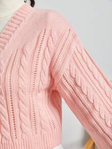 青少年女孩麻花編織落肩袖開襟衫 - 粉色 - 查看 6