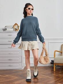 Teen Girl Solid Drop Shoulder Virago Sleeve Sweater - Dusty Blue - View 3