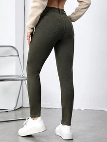 SHEIN Essnce Button Fly Skinny Jeans - Army Green - View 2