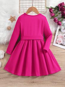 少女復古玫紅色長袖鑲珠腰帶圓領裙 - 玫紅色 - 查看 2