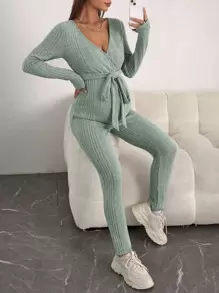 SHEIN Maternity Surplice Neck Belted Jumpsuit - Green - View 1