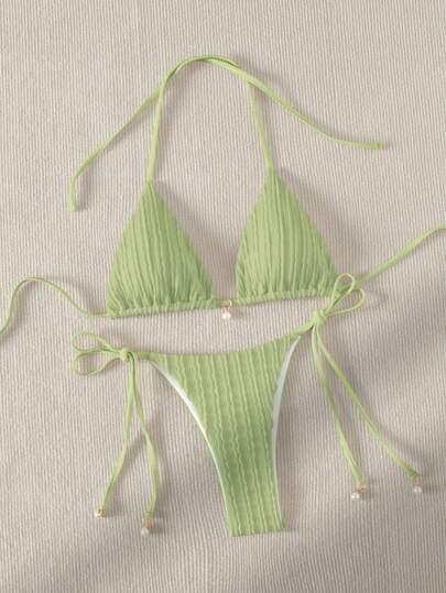 Swim Mod Conjunto de bikini triangular de verano con tirantes halter y lazos laterales