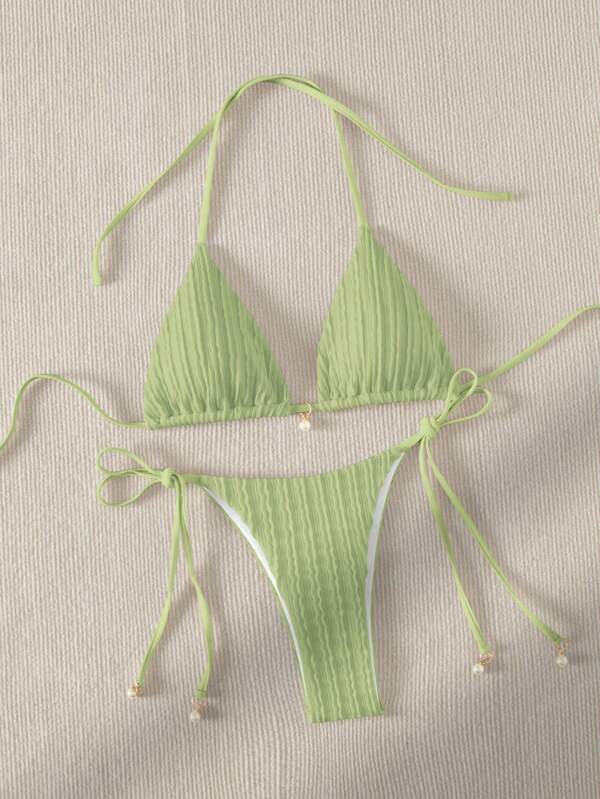 Swim Mod Conjunto de bikini triangular de verano con tirantes halter y lazos laterales