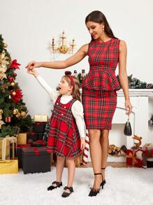 SHEIN 2pcs/Set Young Girl Solid Knit Stand Collar Gigot Sleeve Top And Plaid Cami Dress With Headband, Mommy And Me Matching Outfits