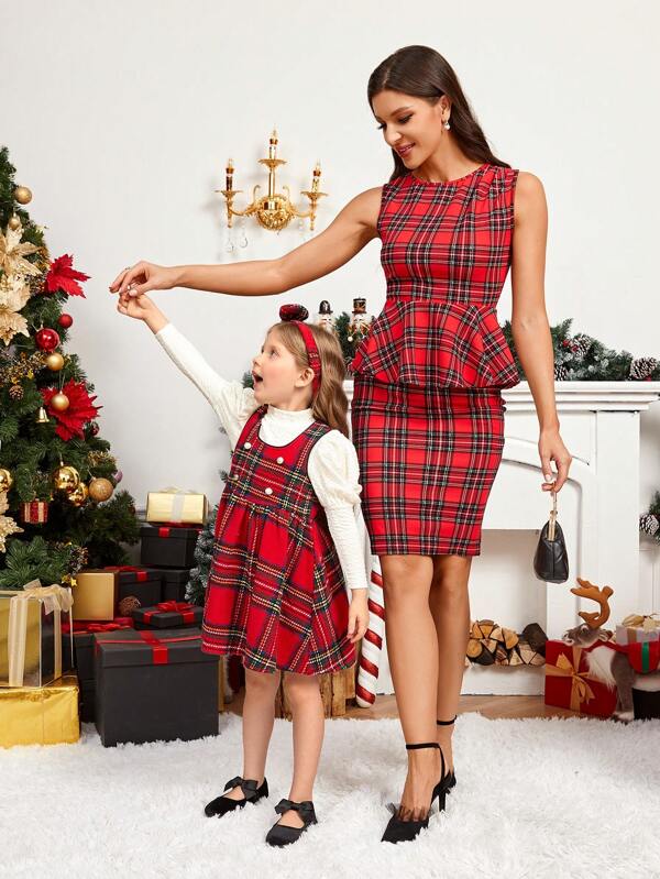 SHEIN 2 buc/Set fetiță solidă tricot guler cu mâneci gigot top și rochie cami în carouri cu bentiță, ținute asortate pentru mami și cu mine
