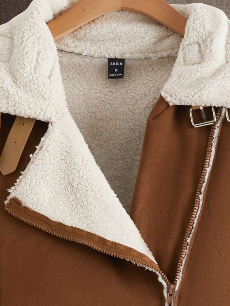 Men 1pc Teddy Lined Buckle Belted Jacket