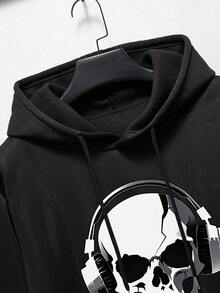 男士骷髏頭圖案袋鼠口袋抽繩連帽衫 - 黑色 - 查看 7