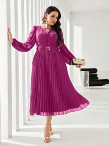 Modelyn Plus Keyhole Neckline Lantern Sleeve Belted Dress - Red Violet - View 5