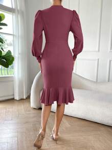 SHEIN Privé Vestido de manga farol fruncido bajo sirena - Rosa vieja - Ver 2