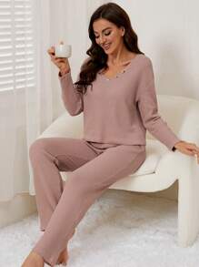 華夫格編織落肩T恤和褲子休閒服套裝 - 藕粉色 - 查看 1