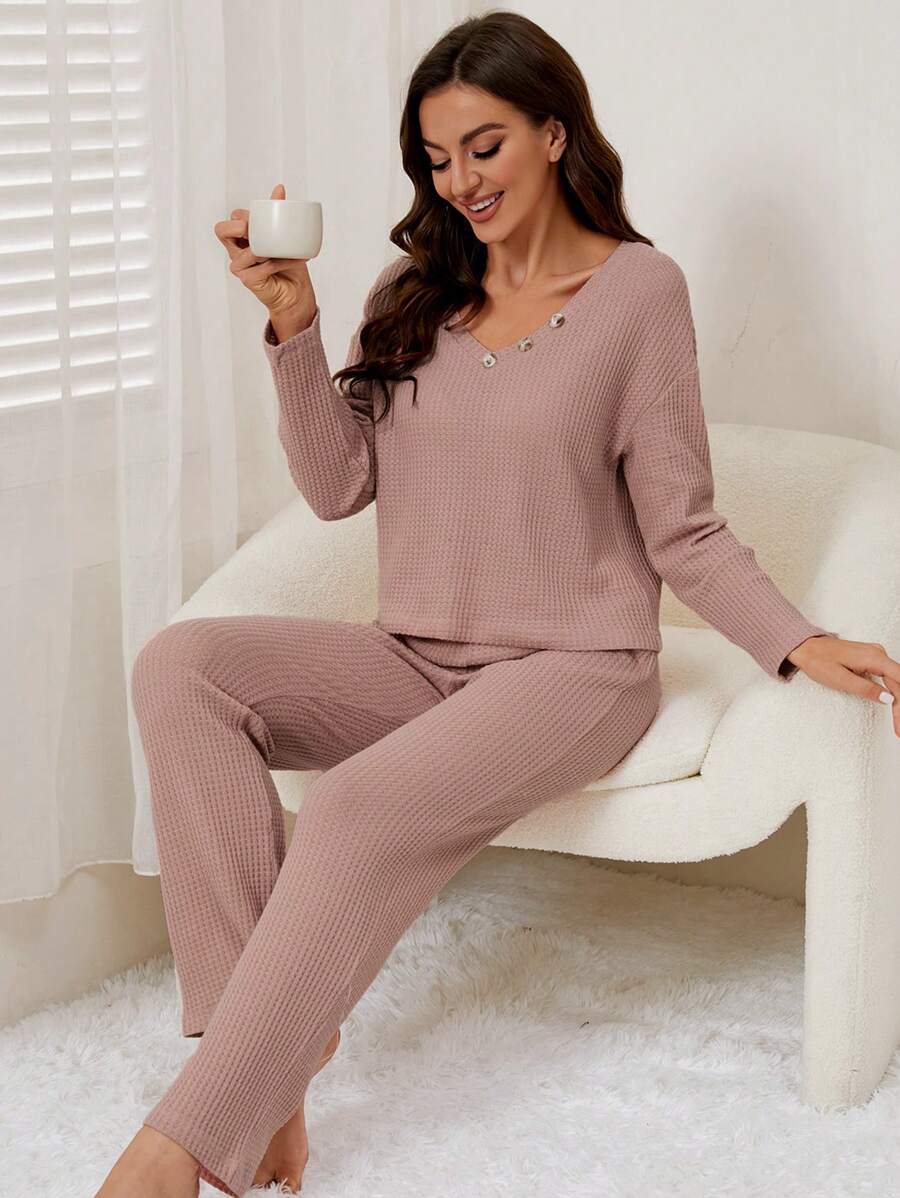 華夫格編織落肩T恤和褲子休閒服套裝 - 藕粉色 - 查看 1