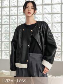 DAZY Lót Teddy Đôi ngực Da giả Áo khoác - màu đen - Xem 1