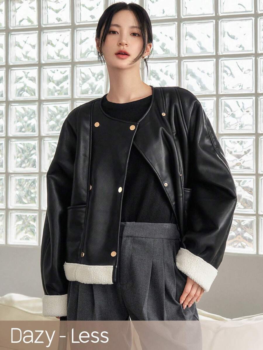 DAZY Lót Teddy Đôi ngực Da giả Áo khoác - màu đen - Xem 1