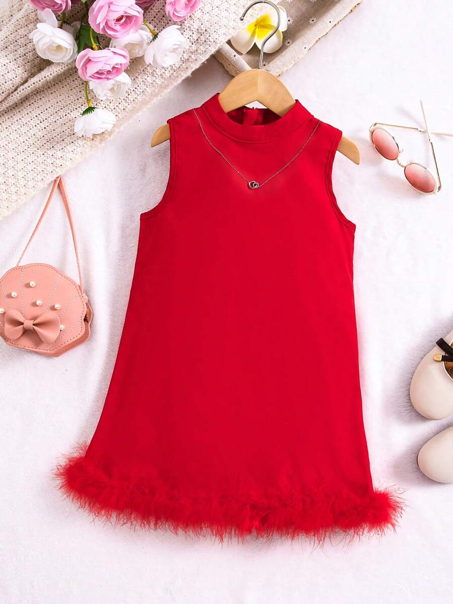 SHEIN Young Girl Elegant And Dark Green Stand Collar A-Line Dress, With Fluffy Hemline And Long Sleeves, Suitable For Summer, Outings, Parties, And Various Occasions, Featuring Graceful And Sweet Wearing, Fashionable And Comfortable,Holiday,Summer,Travel - Red - View 1