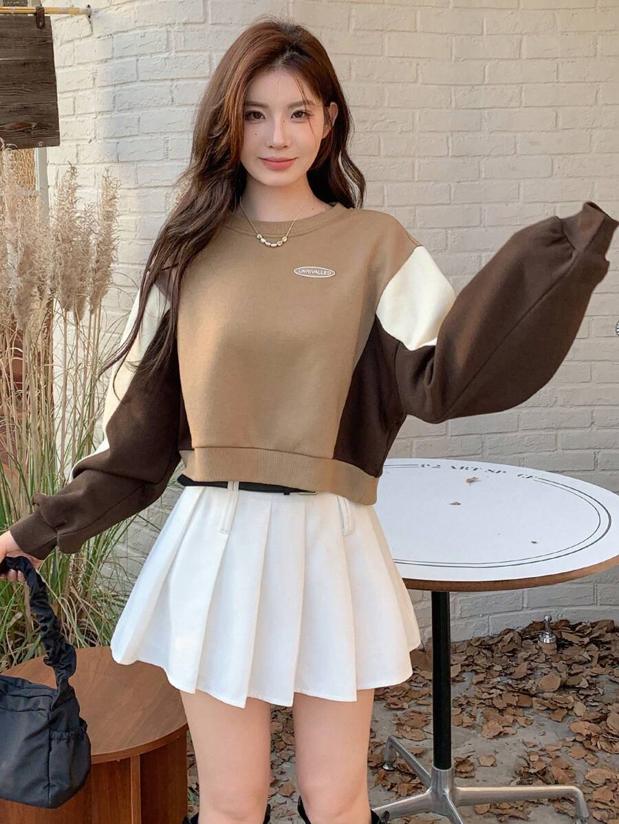 DAZY Letter Patched Colorblock Drop Shoulder Sweatshirt,Long Sleeve Tops,Fall Clothes - Khaki - View 1