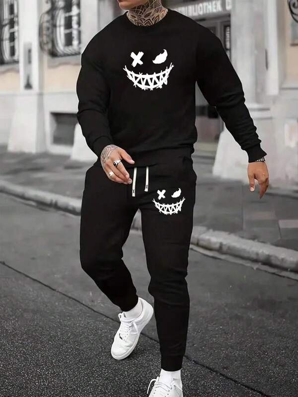 Hanorac cu imprimeu expresie pentru bărbați și pantaloni de sport cu șnur