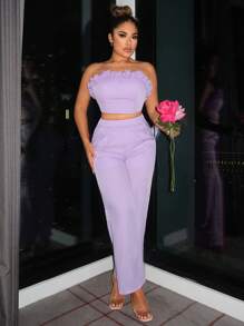 SHEIN SXY 褶邊吊帶上衣和褲子 - 紫色 - 查看 1