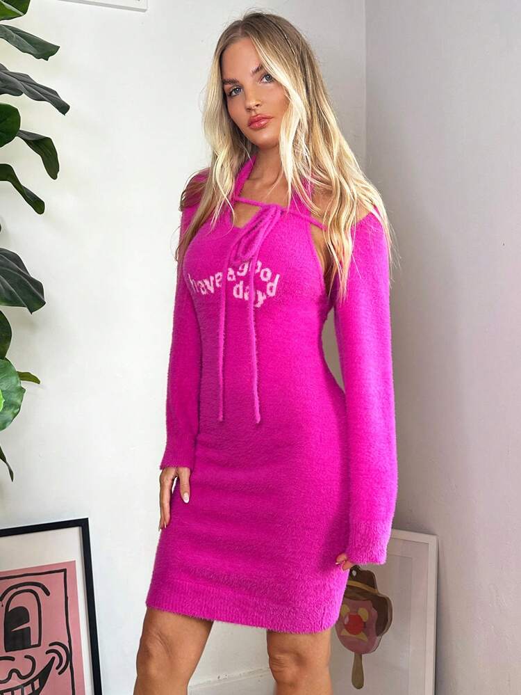 Tie Front Sweater & Letter Pattern Halter Knit Dress