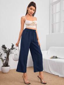 SHEIN PETITE Solid Drawstring Waist Cropped Wide Leg Pants - Navy Blue - View 5