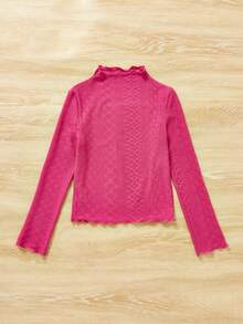 SHEIN Tween Girl Solid Lettuce Trim Mock Neck Tee - Hot Pink - View 2
