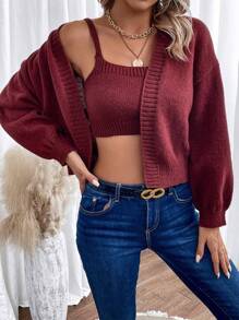 SHEIN LUNE 落肩袖開襟開衫&針織吊帶上衣 - 紅色 - 查看 3