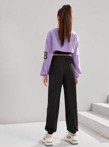 SHEIN Teen Girl Letter Graphic Super Crop Pullover & Sweatpants & Tank Top - Mauve Purple - View 2