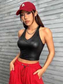 SHEIN EZwear Solid Crop Halter Top - Black - View 1