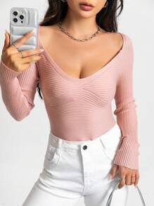 Chiquease Solid Ribbed Knit Tee Knit Pullover Sweater Fall Winter - Camel - View 1