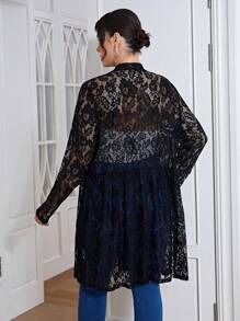 SHEIN LUNE Plus Open Front Lace Coat - Black - View 2