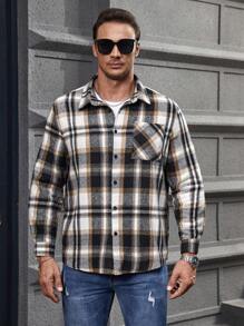 Manfinity Homme Men Plus Plaid Print Pocket Patched Overcoat