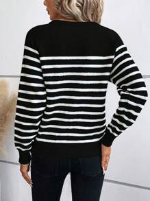 SHEIN LUNE Striped Pattern Button Detail Sweater,Long Sleeve Tops Knit Pullover Fall Winter Sweater - Black - View 2