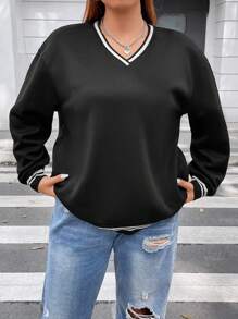 Flirla Plus Striped Trim Drop Shoulder Sweatshirt Pullover Fall Sweatshirt - Black - View 5