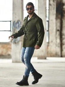 Manfinity Homme Hombres Abrigo Con Cinturón Y Doble Botonadura