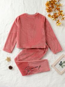 Tween Girl Letter Embroidery Tee & Pants - Pink - View 2