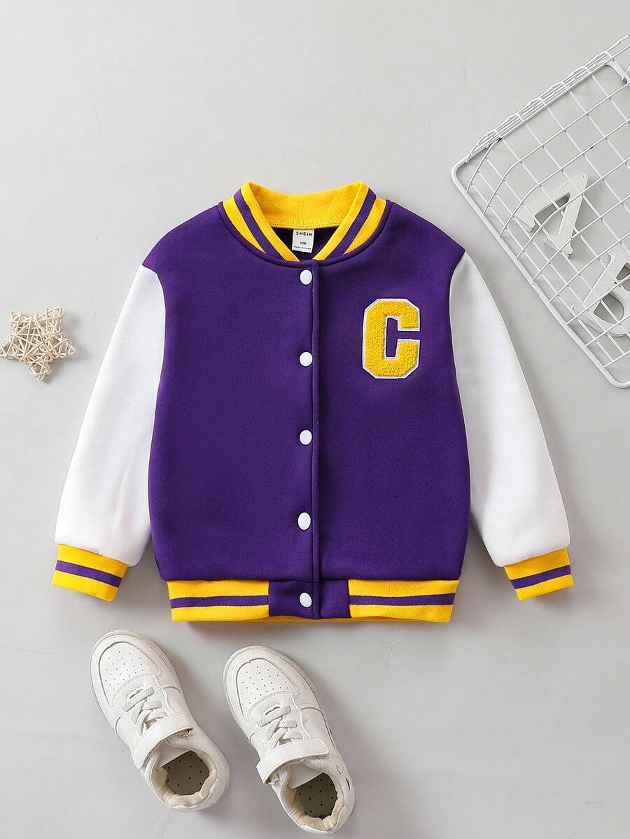 SHEIN Young Boy Letter Patched Striped Trim Varsity Jacket - Multicolor - View 1