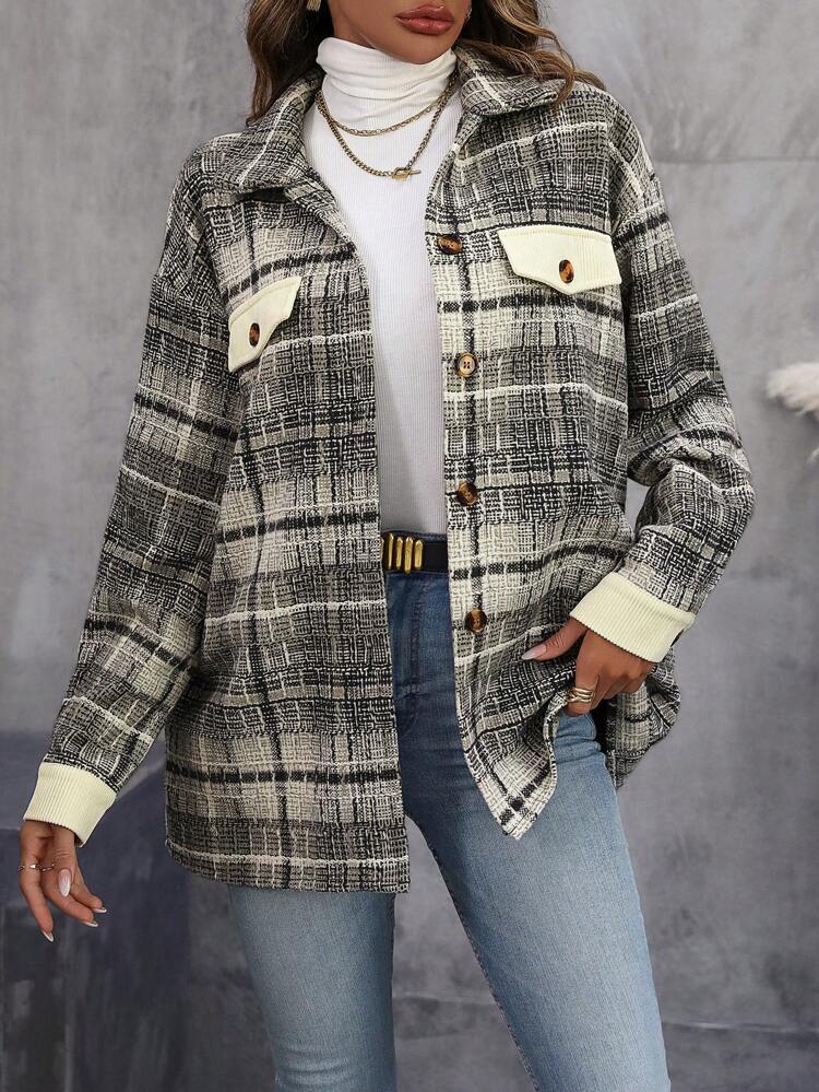 Plaid Print Drop Shoulder Overcoat Fall Cloth For Women