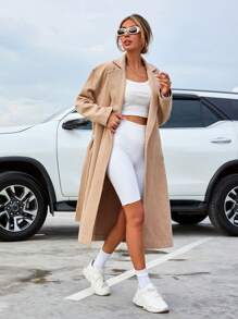 EURMUSE Lapel Neck Drop Shoulder Belted Overcoat - Beige - View 4