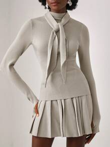 Sara Locci 素色繫帶領套頭毛衣&百褶針織短裙 - 淺灰色 - 查看 6